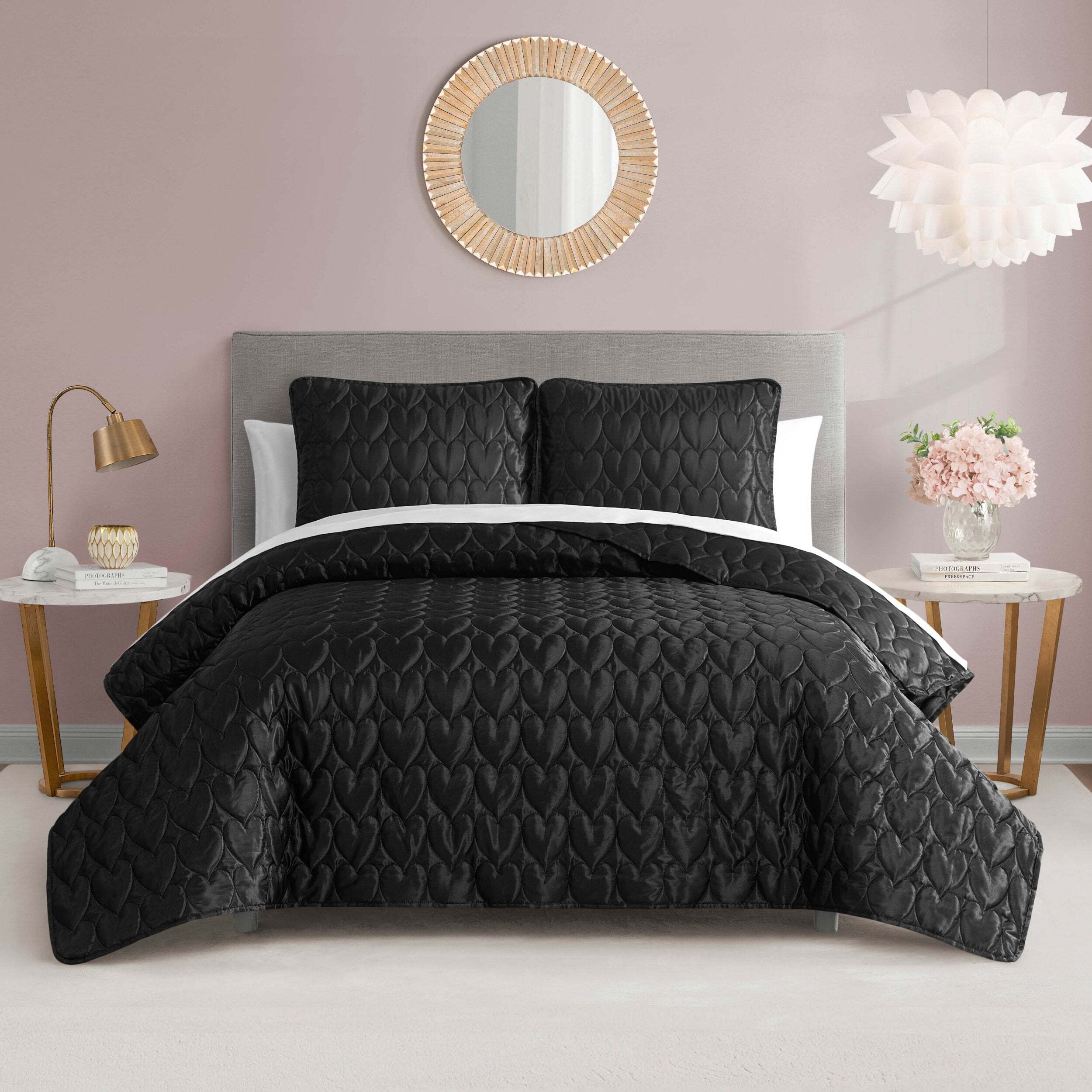 Satin Heart Stitched Quilt Set