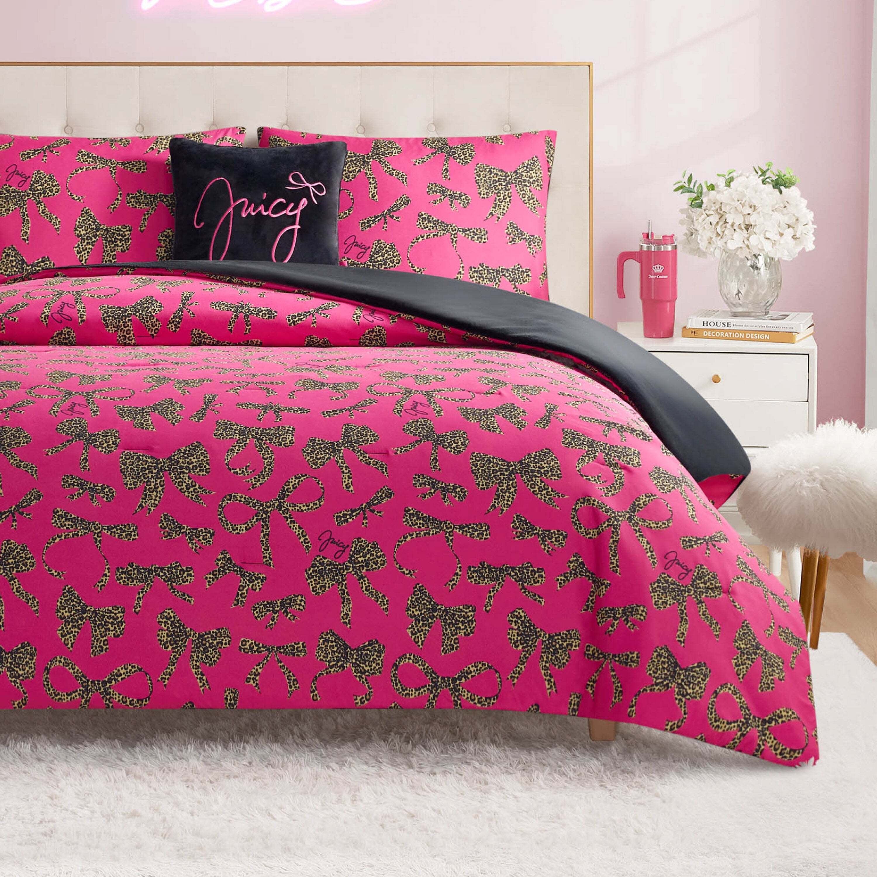 Solid Plush Reversible Cheetah Bows Comforter Set