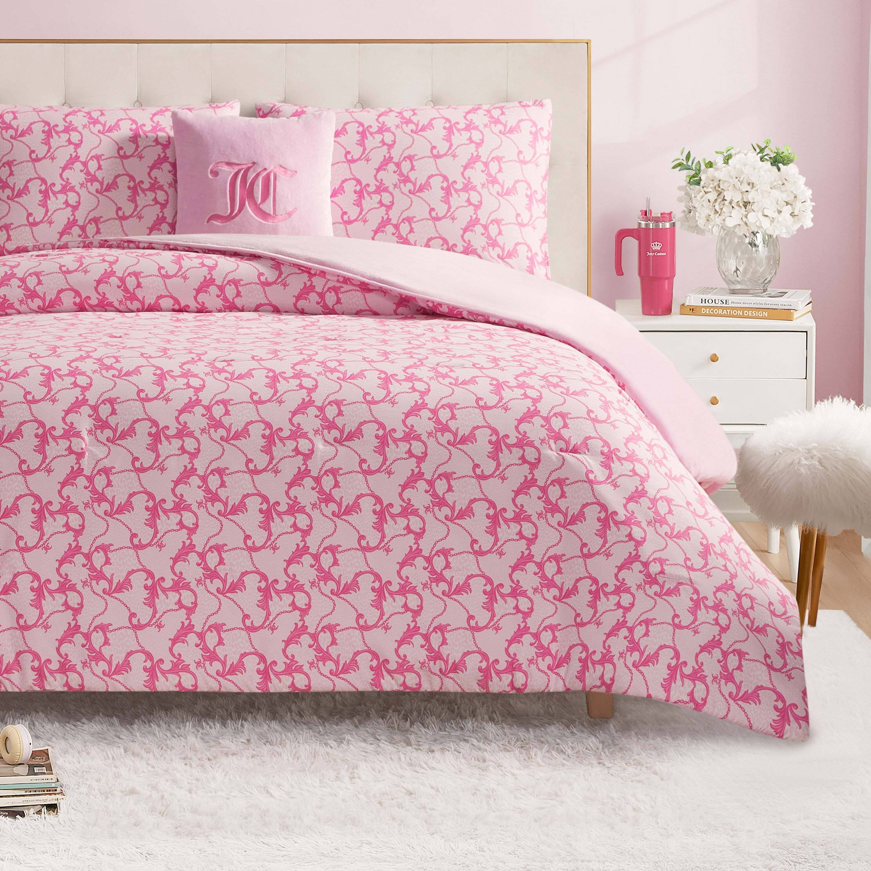 Solid Plush Reversible Cheetah Bows Comforter Set